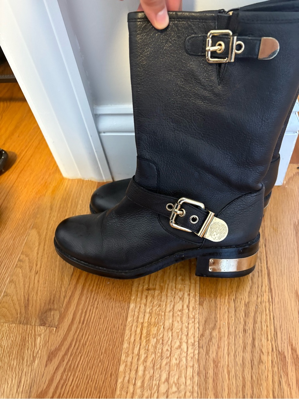 Black Mid-Calf Buckle Heel Boots